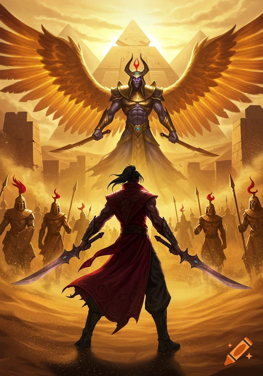 A warrior in a red robe with two swords faces a winged, horned figure and an army in a desert with pyramids.