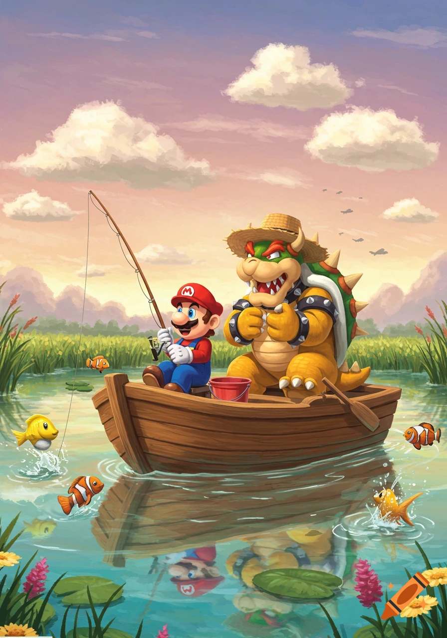 Cartoon illustration of Mario and Bowser fishing from a wooden boat on a calm lake with fish jumping around them under a pastel sky.