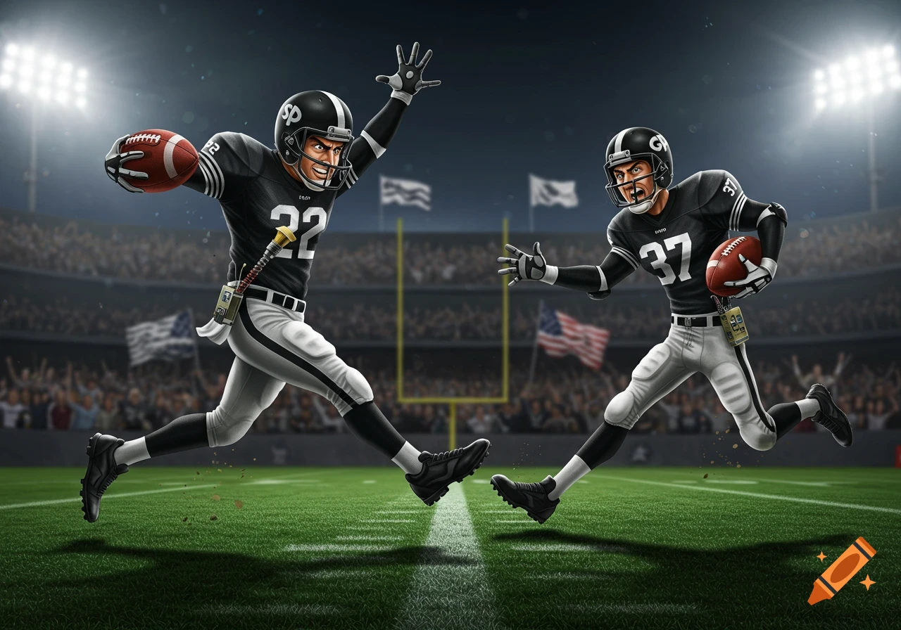 Two black and white cartoon football players, reminiscent of Spy vs. Spy, run with a football on a stadium field.