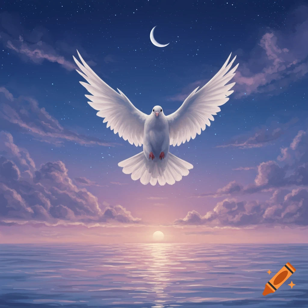 A white dove with outstretched wings flies over a calm, reflective ocean at sunset, beneath a starry, twilight sky with a crescent moon.