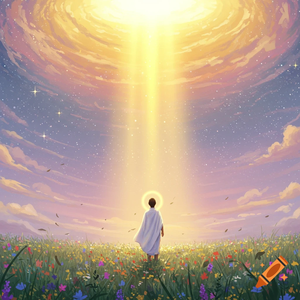 A robed figure with a halo stands in a vibrant wildflower meadow, looking up at a bright light beaming from a celestial sky.