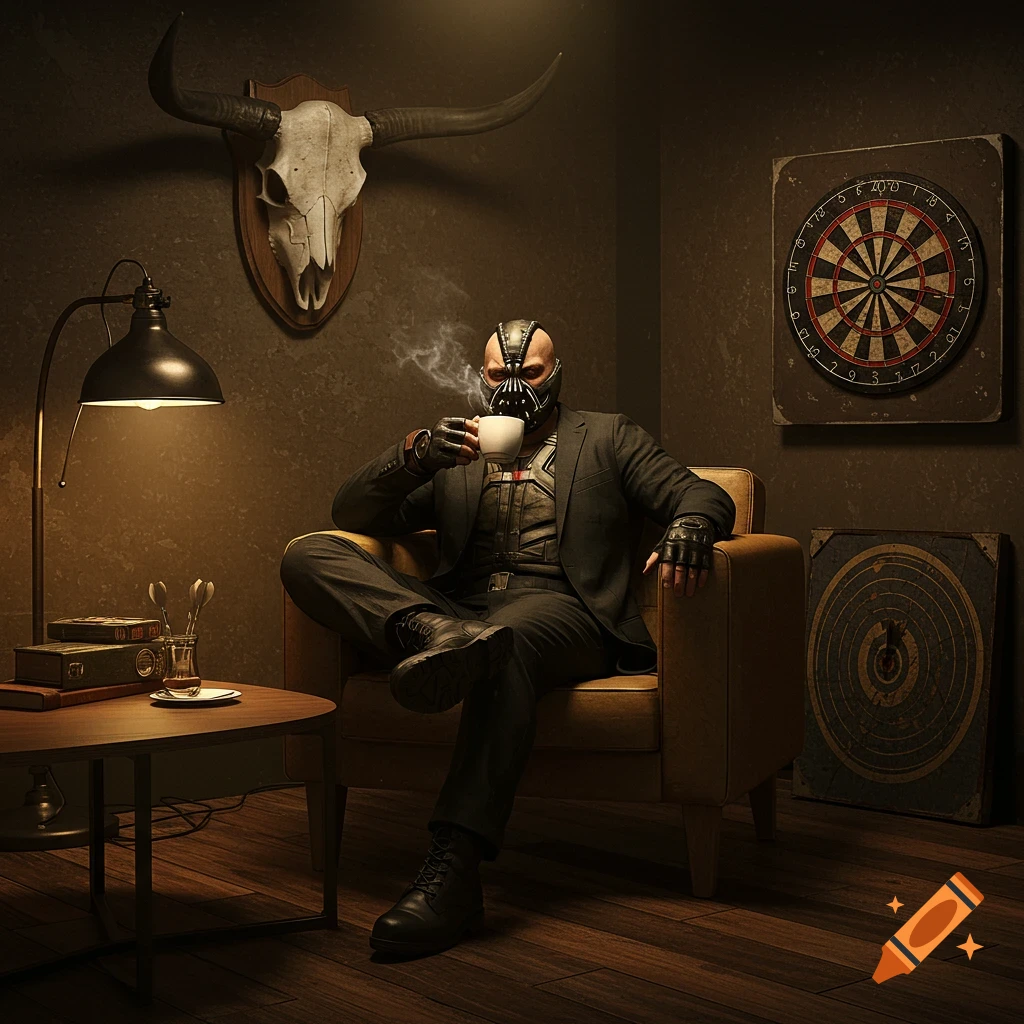 Photorealistic image of Bane in a suit, masked, sitting in an armchair, sipping coffee in a dimly lit room with a bull skull and dartboard on the wall.