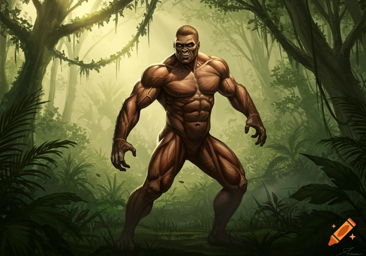 A muscular, gorilla-like man stands powerfully in a vibrant, sunlit jungle in a digital art style.