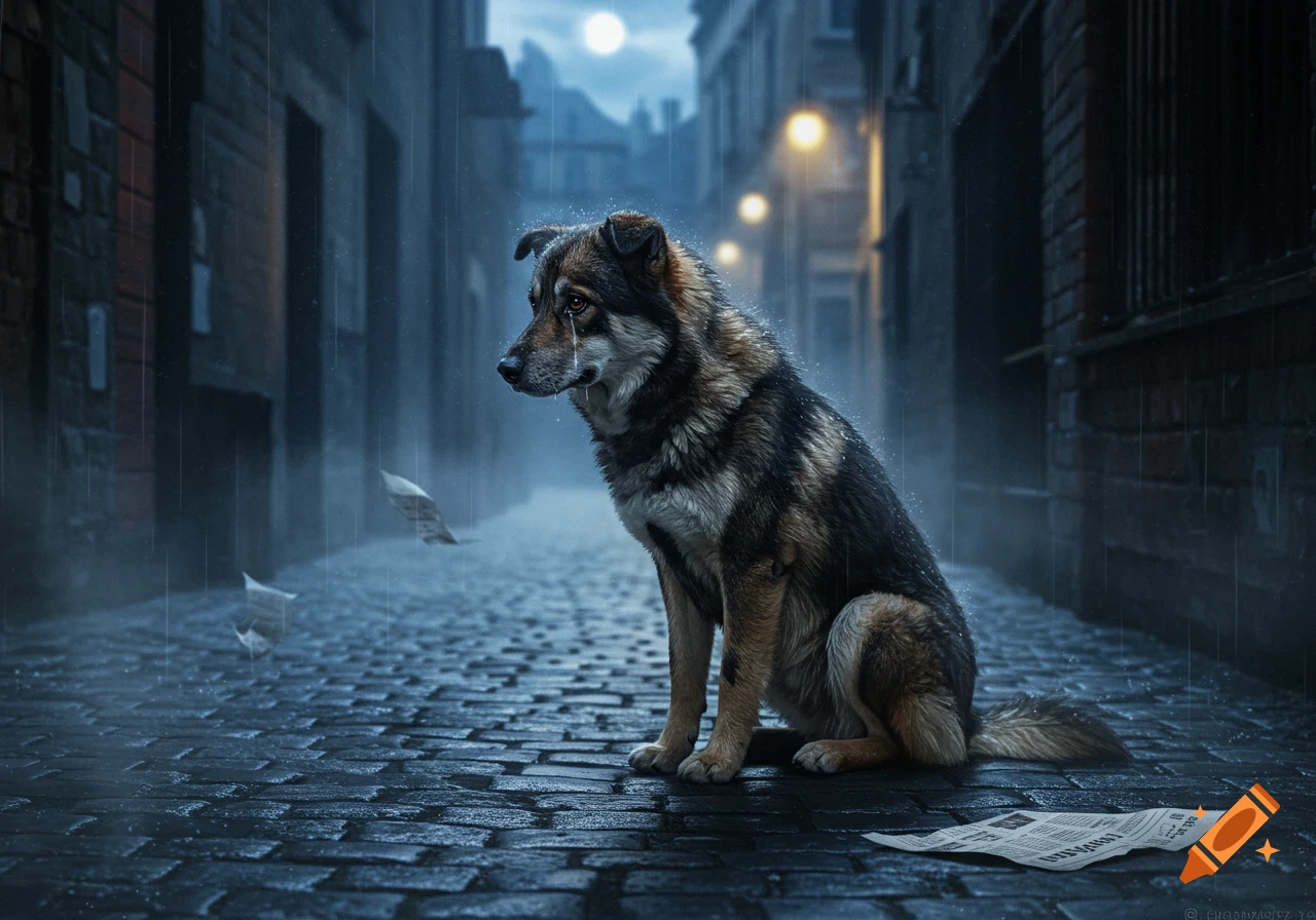 A sad dog sits alone on a wet cobblestone street in a rainy, moonlit city alley at night.