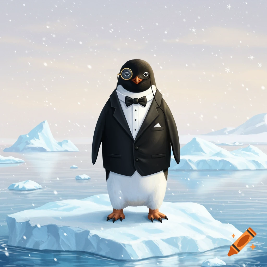 A dapper penguin in a black tuxedo and monocle stands on an iceberg in a snowy arctic illustration.