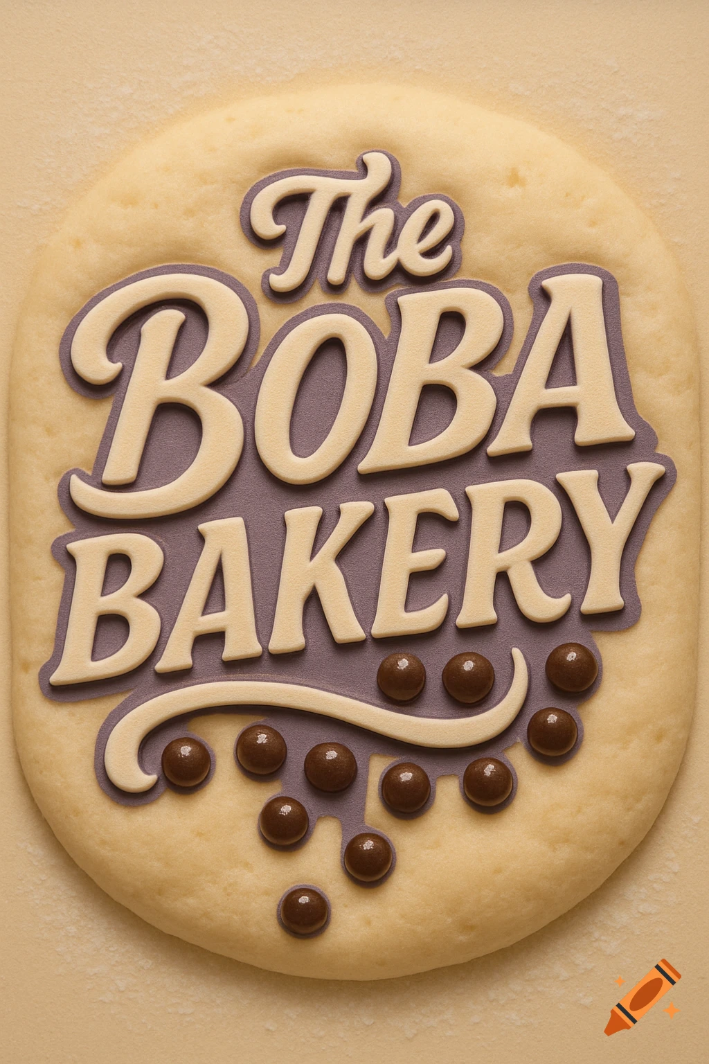 A top-down view of a light yellow dough sign with the words "The Boba Bakery" in raised letters, surrounded by brown boba pearls.