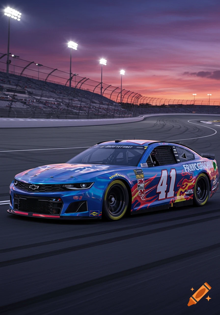 A blue and red NASCAR race car with flame decals and number 41 on a track at sunset, with stadium lights glowing.