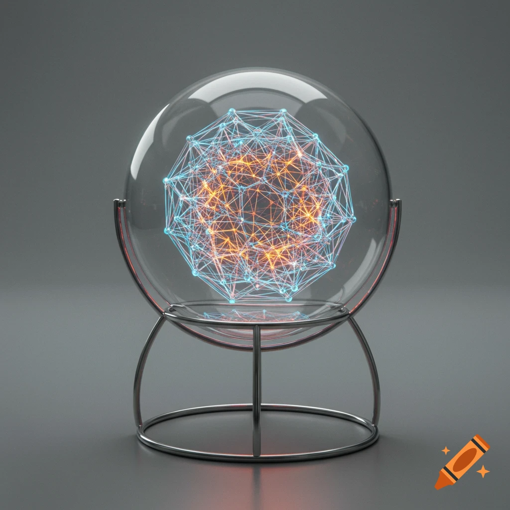A glowing blue and orange wireframe crystal lattice structure inside a clear glass sphere on a minimalist metal stand.