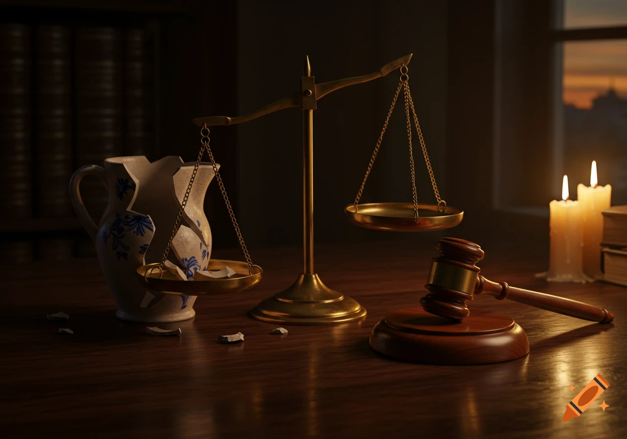 A balance scale with a broken pitcher on one side, a gavel, and lit candles on a wooden table, with a sunset visible through a window.