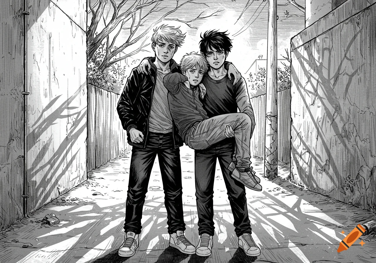 Black and white comic art of two teenage boys helping a third, injured boy walk through a narrow alleyway.