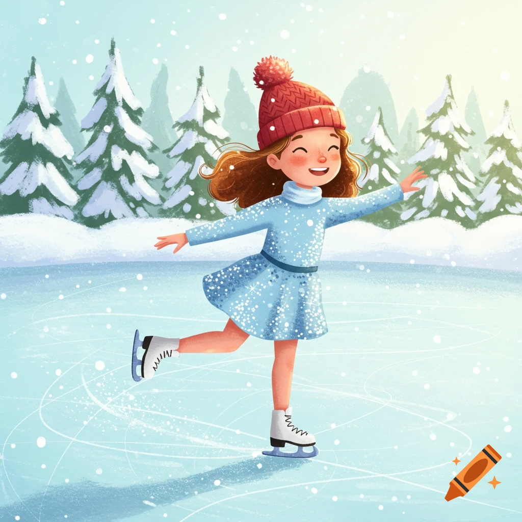 A cheerful little girl with brown hair and a red hat ice skates on an outdoor rink in a snowy forest.