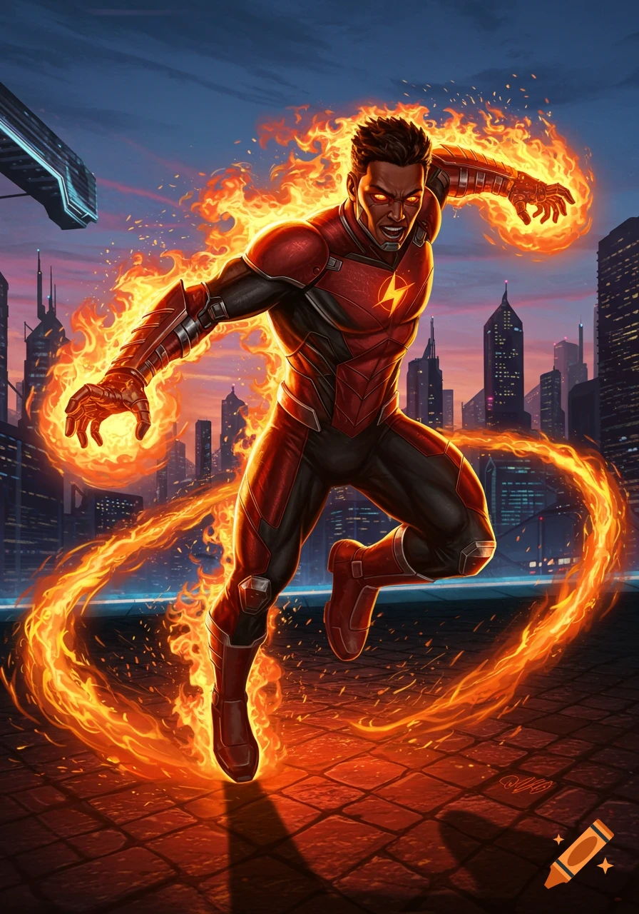 A powerful, dark-skinned superhero leaps through a city at dusk, engulfed in vibrant orange flames, fists glowing in a dynamic comic art style.