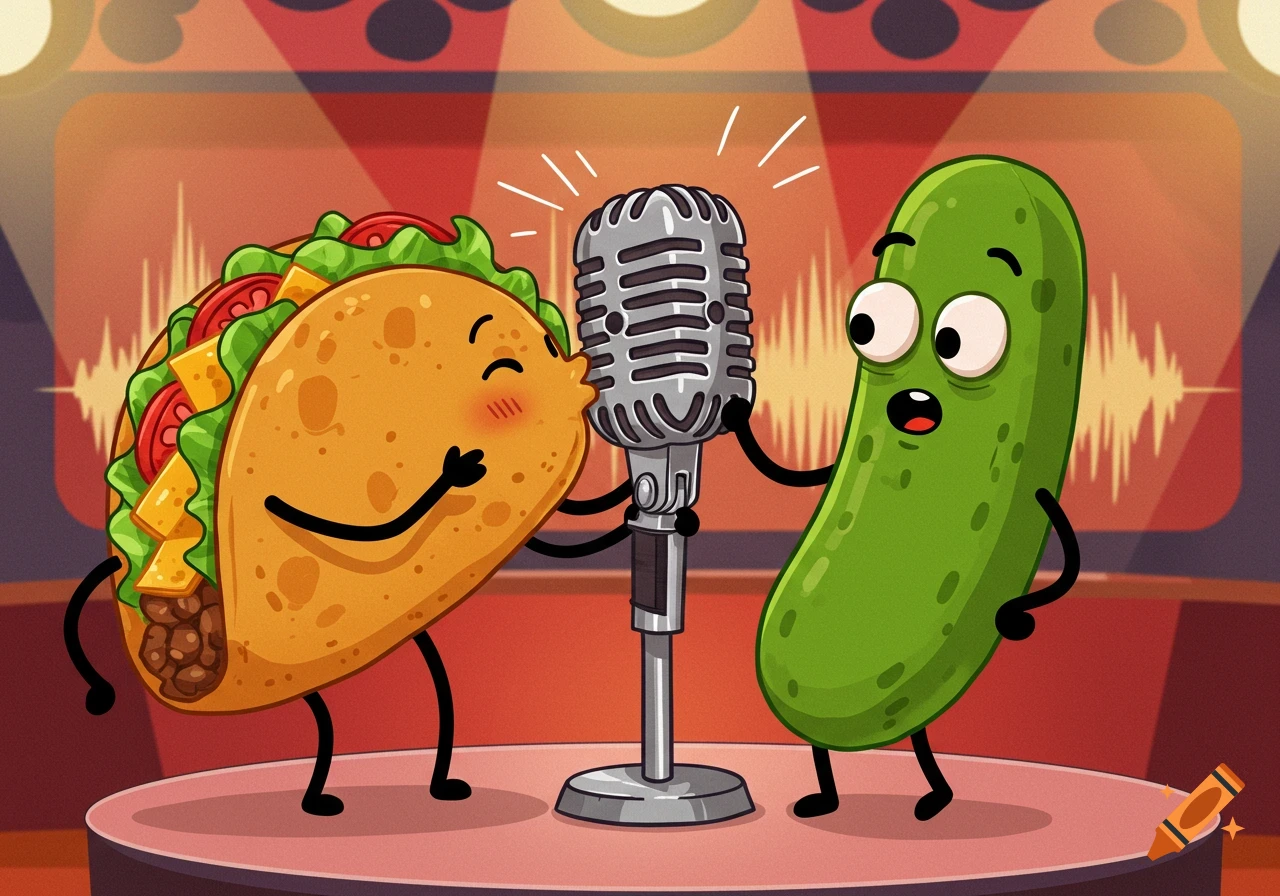 A whimsical cartoon taco with blush kisses a microphone on a stage, while a surprised cartoon pickle stands nearby.