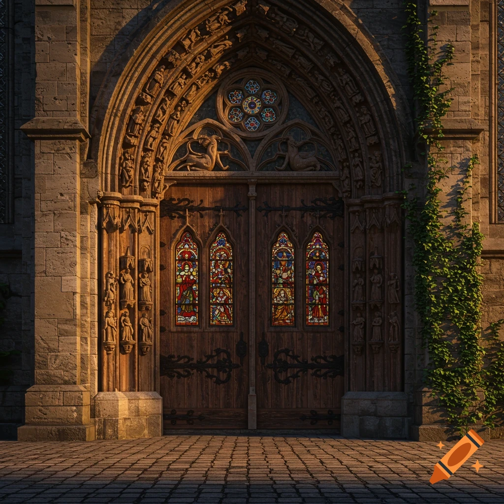 An ornate gothic church door with stained glass windows and intricate stone carvings, illuminated by warm light.