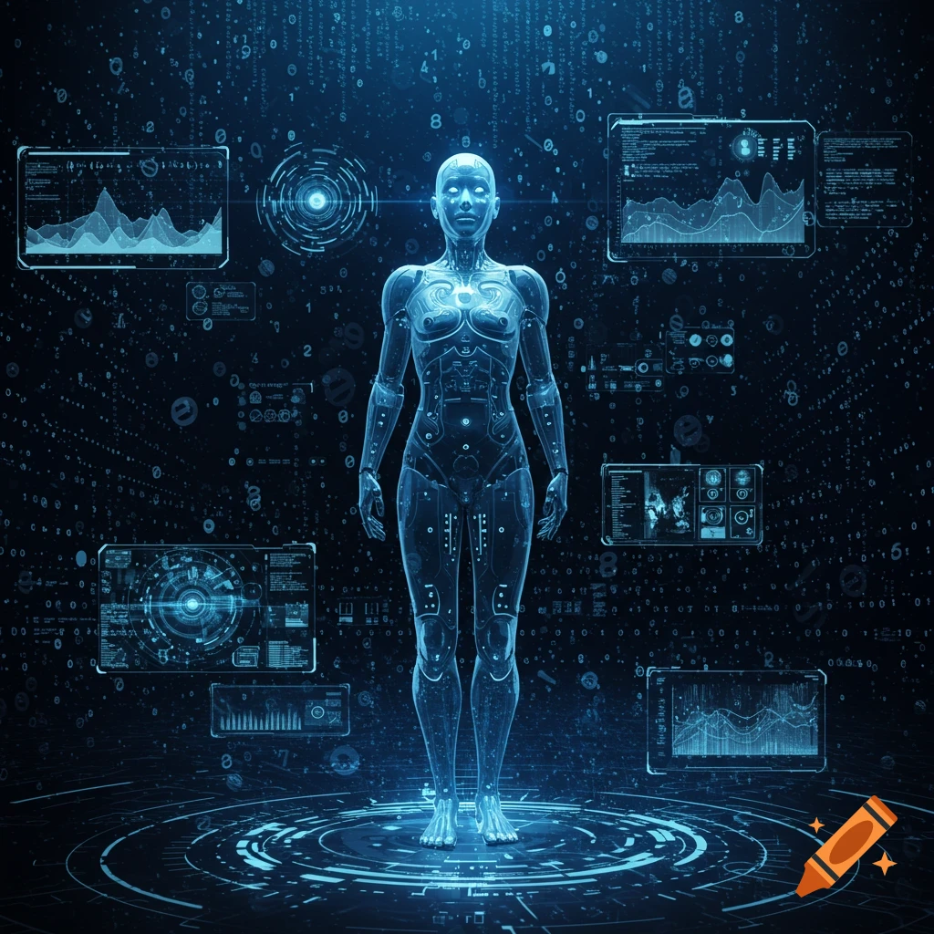 A glowing blue, transparent humanoid figure stands on a circular data interface, surrounded by holographic screens displaying graphs and digital code in a dark, futuristic environment.