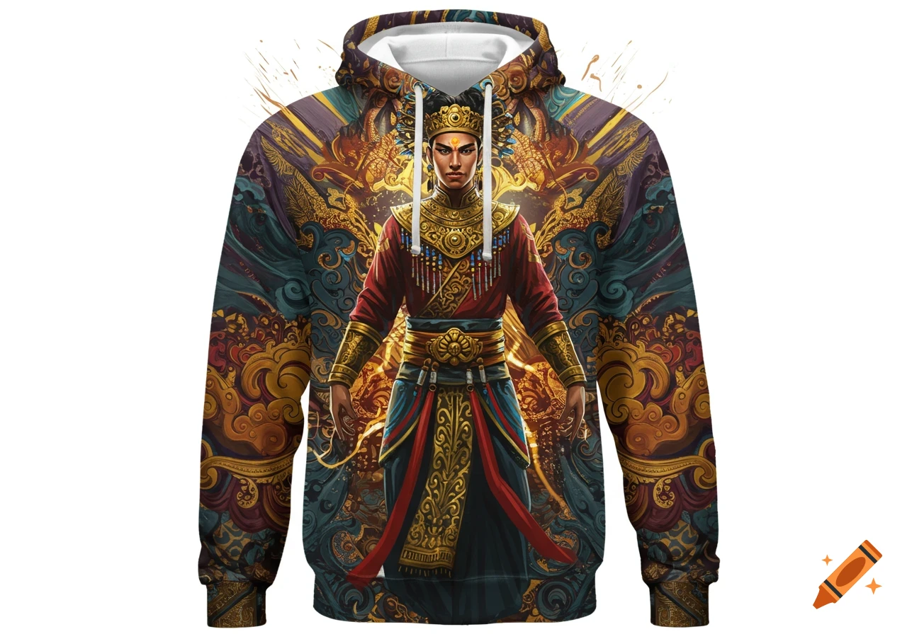 A vibrant hoodie featuring a majestic, ornate figure in traditional attire, surrounded by golden and teal intricate patterns.