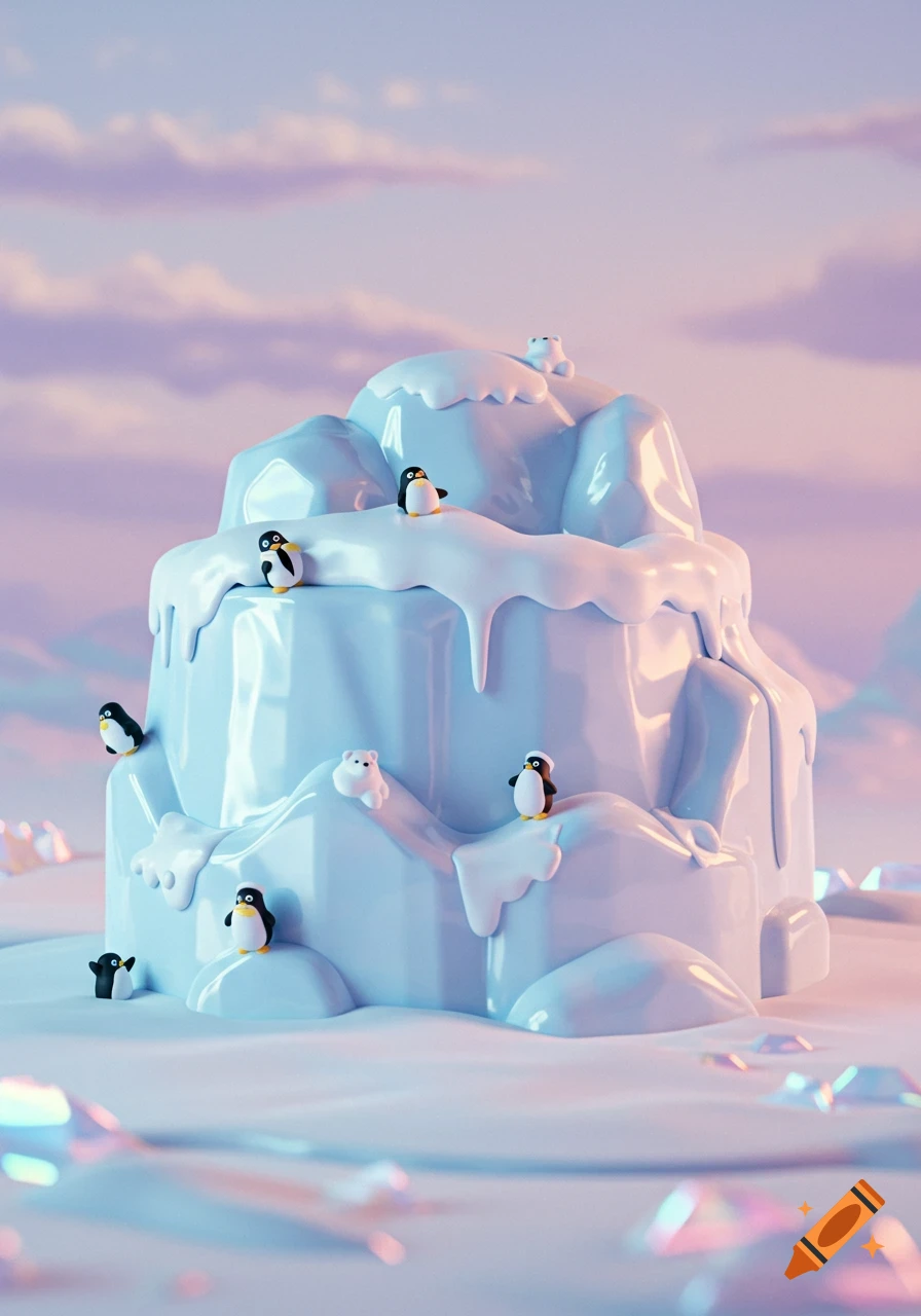 A whimsical 3D render of a tall ice mountain with cute cartoon penguins and polar bears, set against a pink and purple sky.
