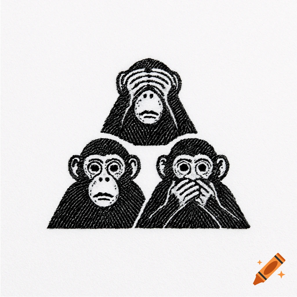Black and white embroidery-style illustration of the three wise monkeys arranged in a triangle, covering their eyes, ears, and mouth.