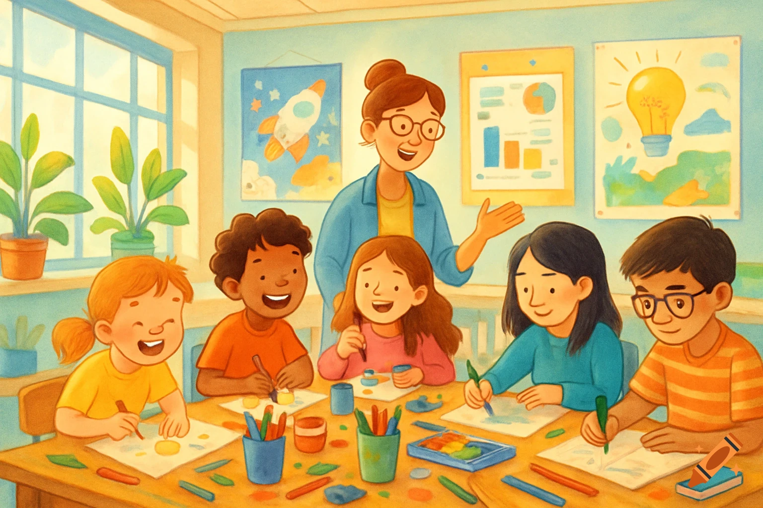 Cartoon of a teacher supervising four diverse children drawing and painting at a table in a bright classroom.