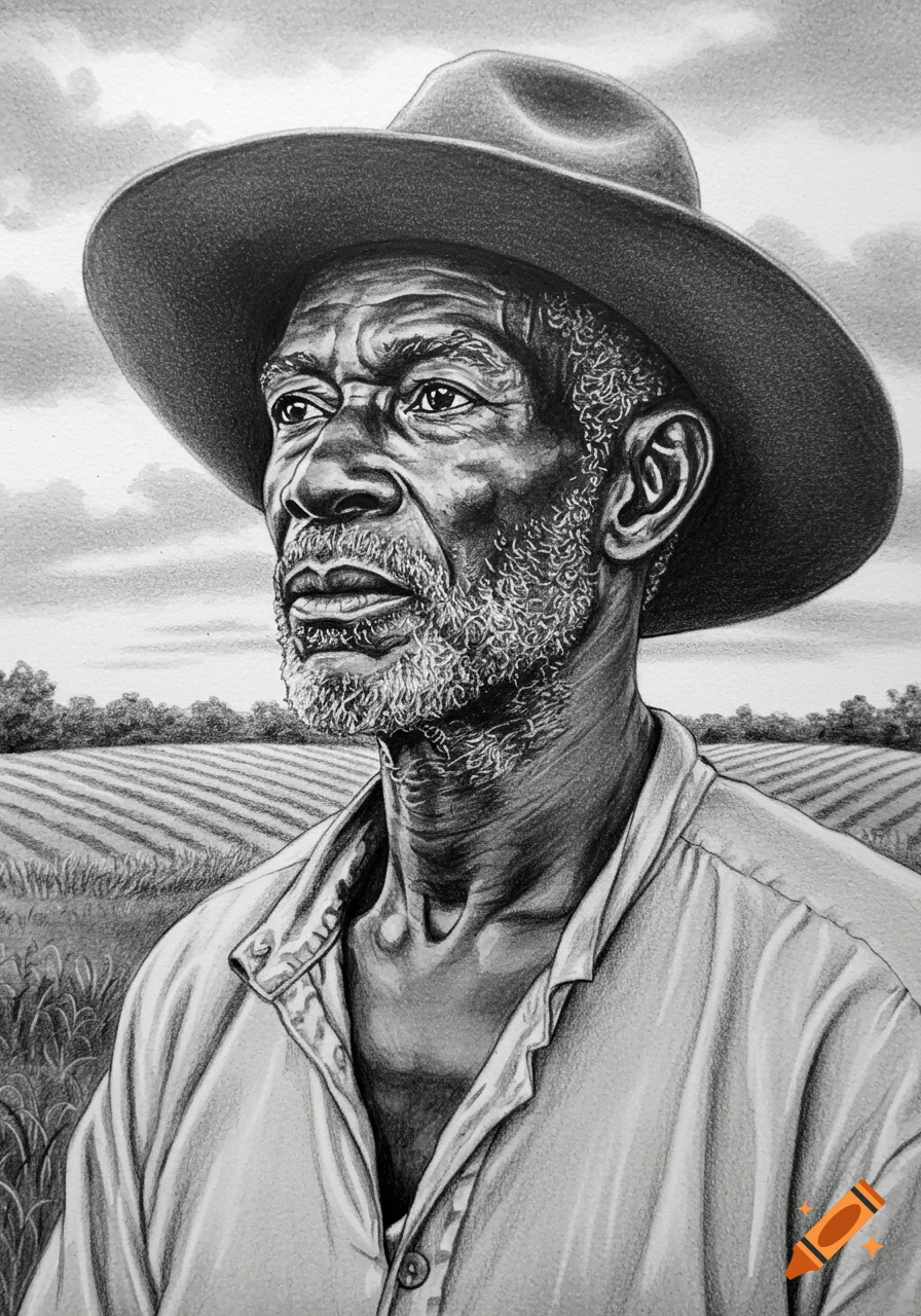 A black and white pencil drawing of an elderly Black man in a wide-brimmed hat, looking into the distance with a field in the background.