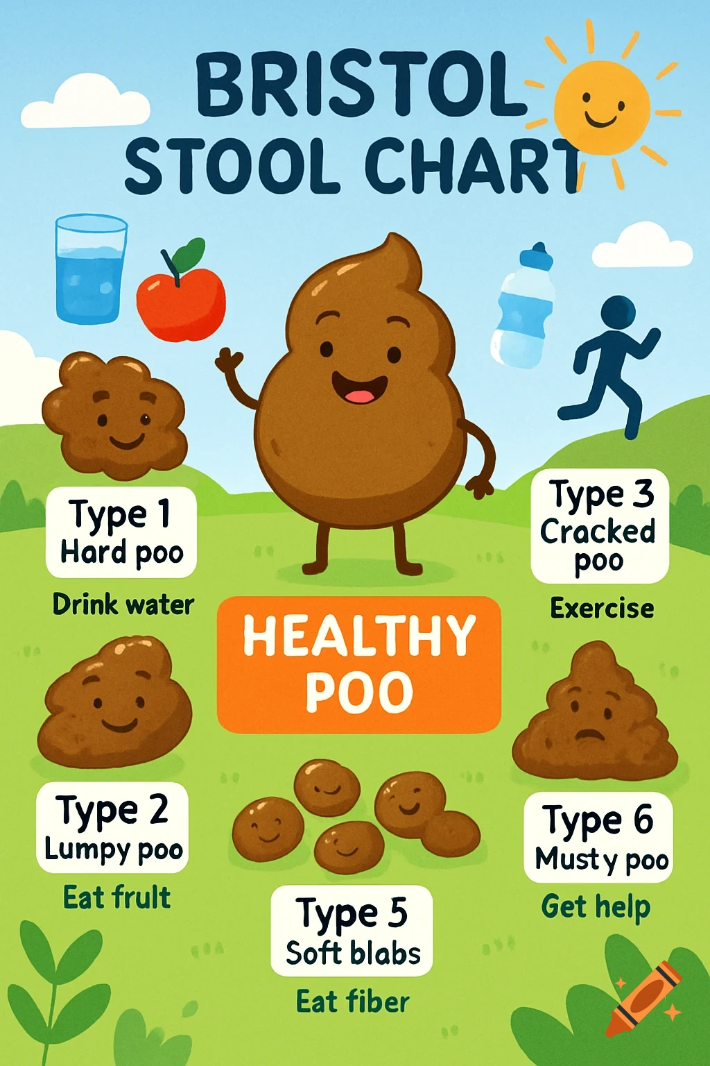 A cartoon Bristol Stool Chart with anthropomorphic poop characters, showing different types of stools, associated dietary/lifestyle advice, and a smiling sun.