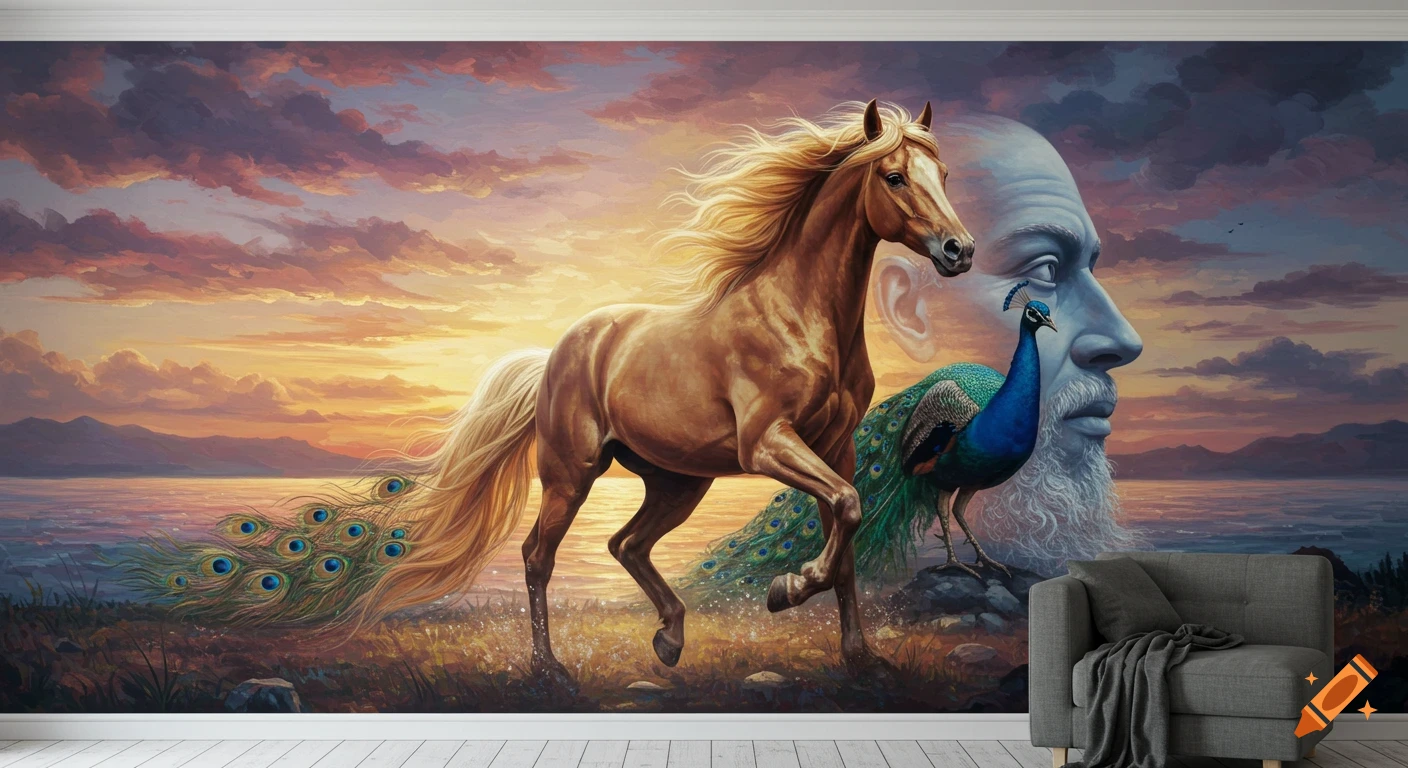 A vibrant painting of a horse with a peacock feather tail, a peacock, and a giant human face profile, set against a sunset landscape.