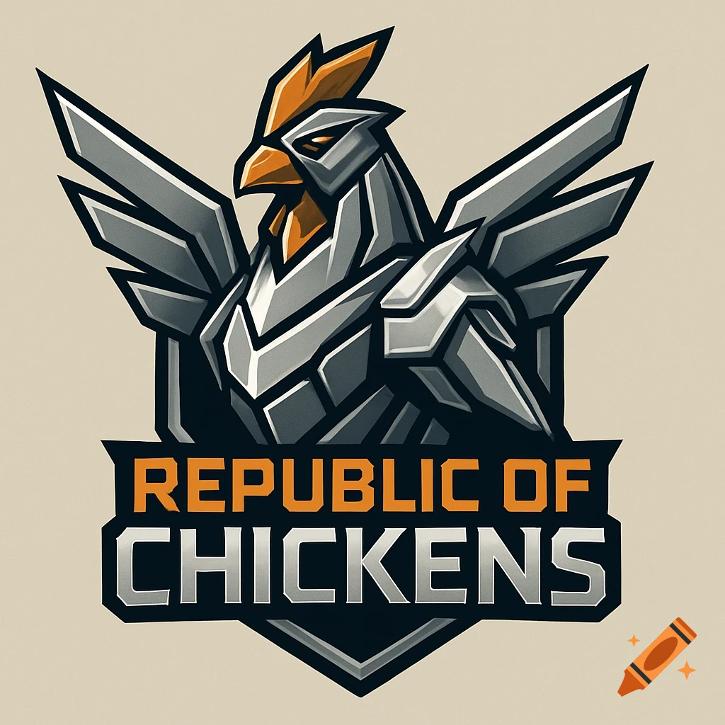 A stylized logo featuring a robotic chicken with spread wings and the text 'REPUBLIC OF CHICKENS' below it.