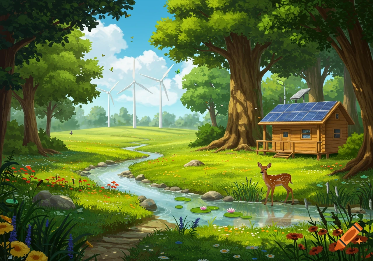 An illustration of a vibrant green landscape with a log cabin, solar panels, a deer, a stream, and windmills in the background.