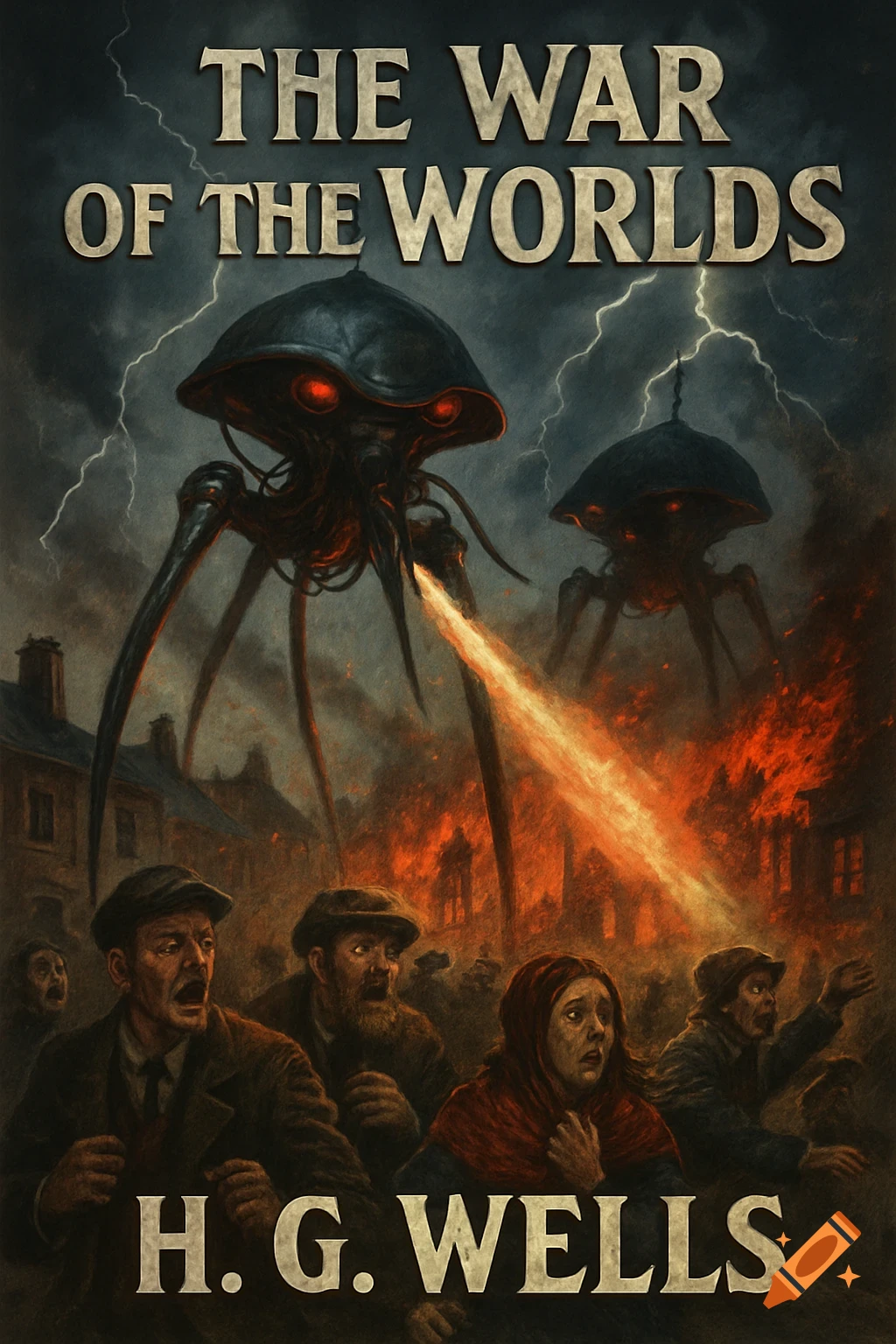 Dramatic painting of alien tripods attacking a burning town with lightning, people fleeing in terror, on a book cover.