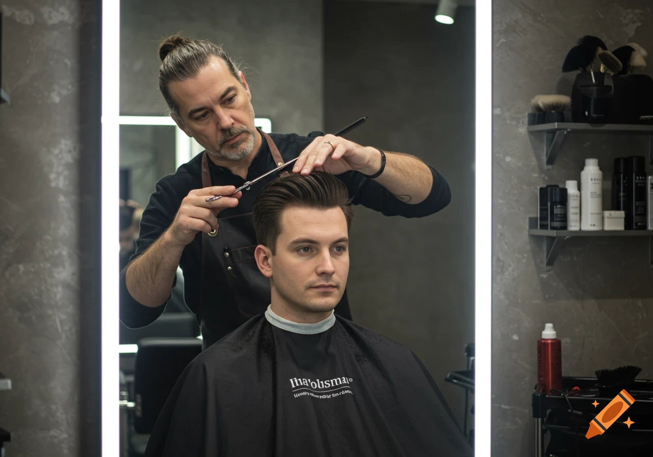 A professional hairdresser styling a man's hair in a modern barbershop.