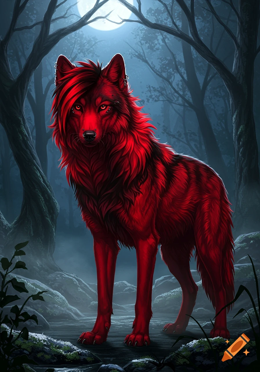 A red emo wolf with piercings stands in a mystical, foggy forest under a full moon, in an illustrative style.