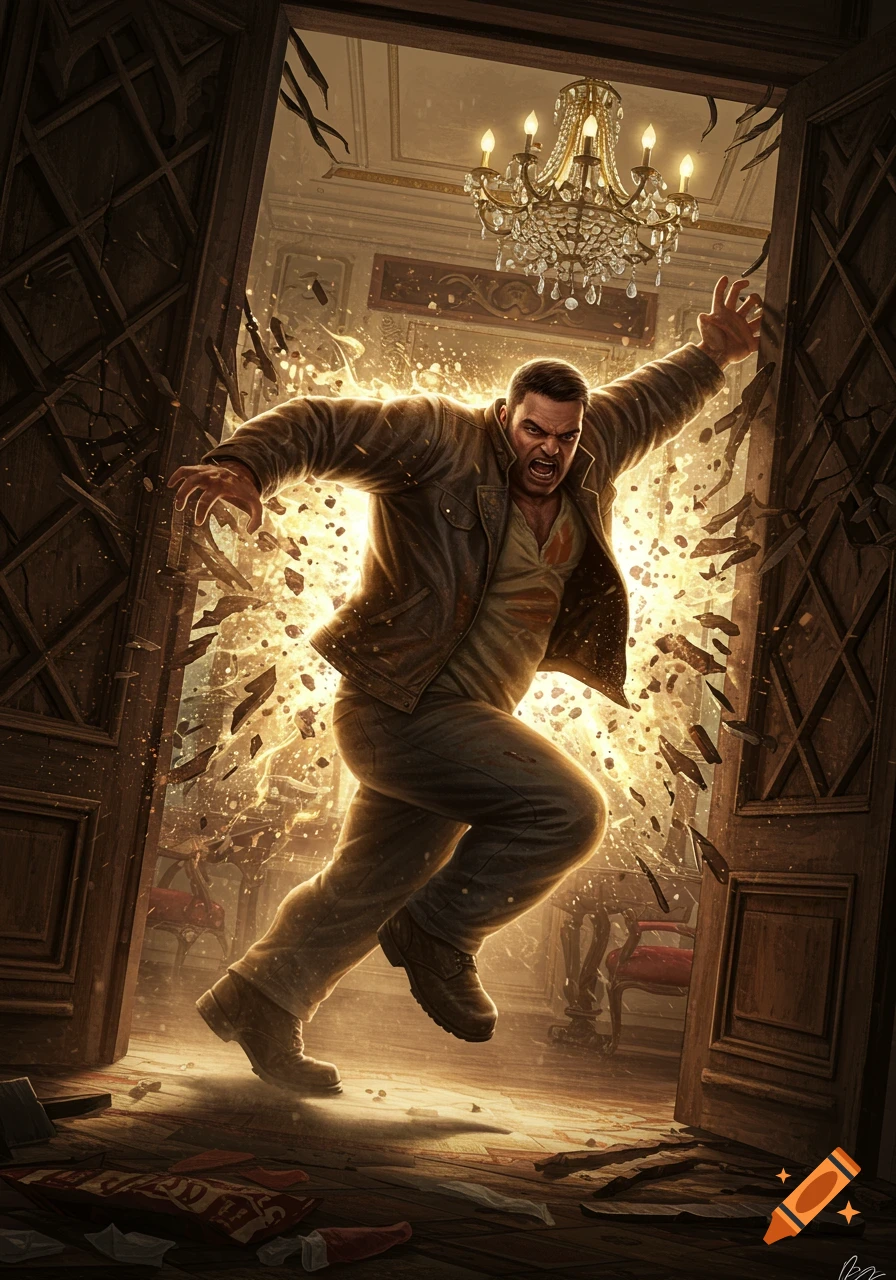 A muscular man in a brown jacket bursts through ornate wooden double doors with an explosion of golden light and debris, in a dynamic action scene.