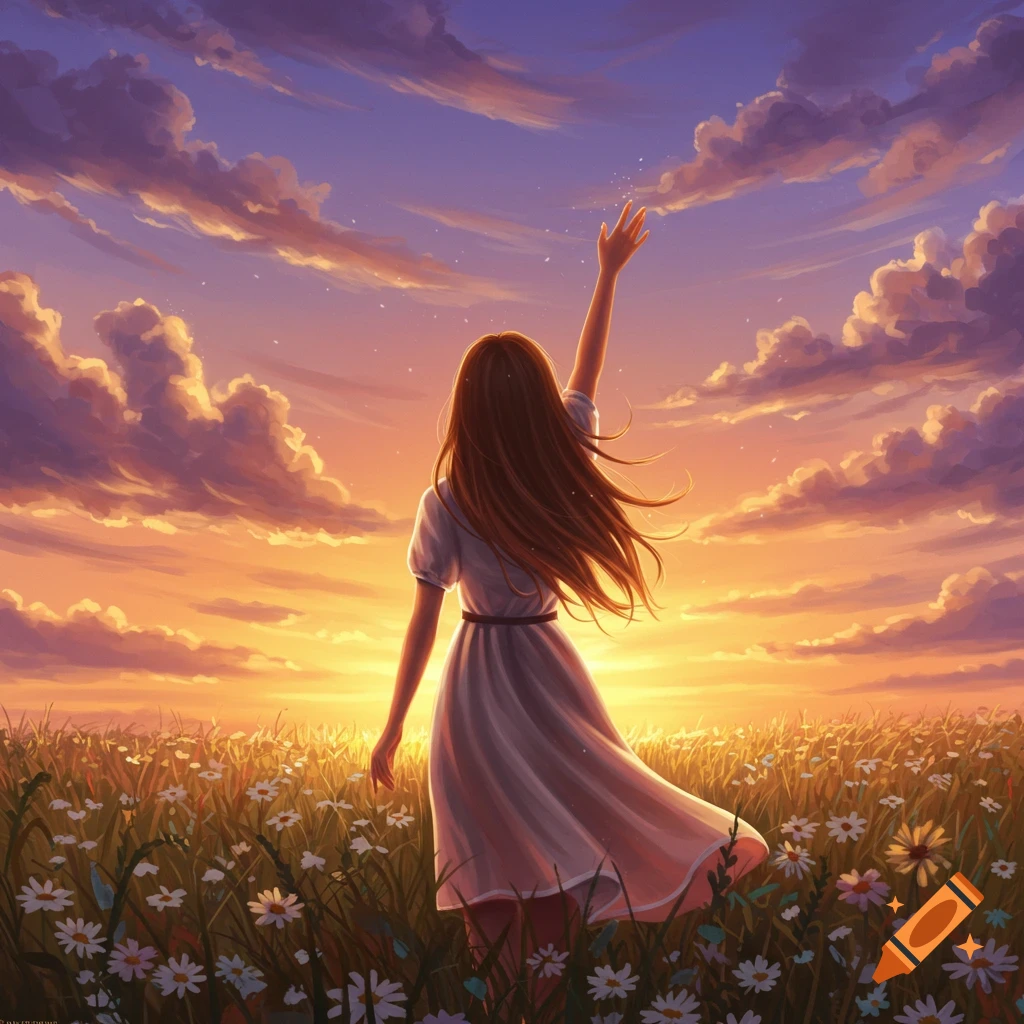 A girl with long hair, seen from behind, raises her hand in a field of flowers at sunset, with a vibrant sky.