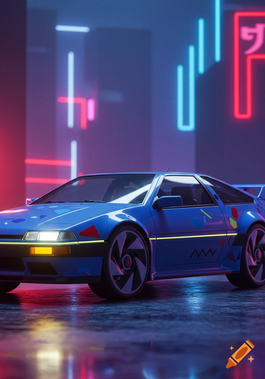 A blue retro-futuristic car with abstract colorful decals parked on a wet street with glowing neon lights in the background.