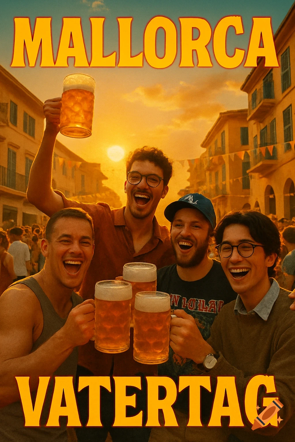 Four diverse friends cheer with beer mugs at sunset on a lively street in Mallorca, with "MALLORCA" and "VATERTAG" text.