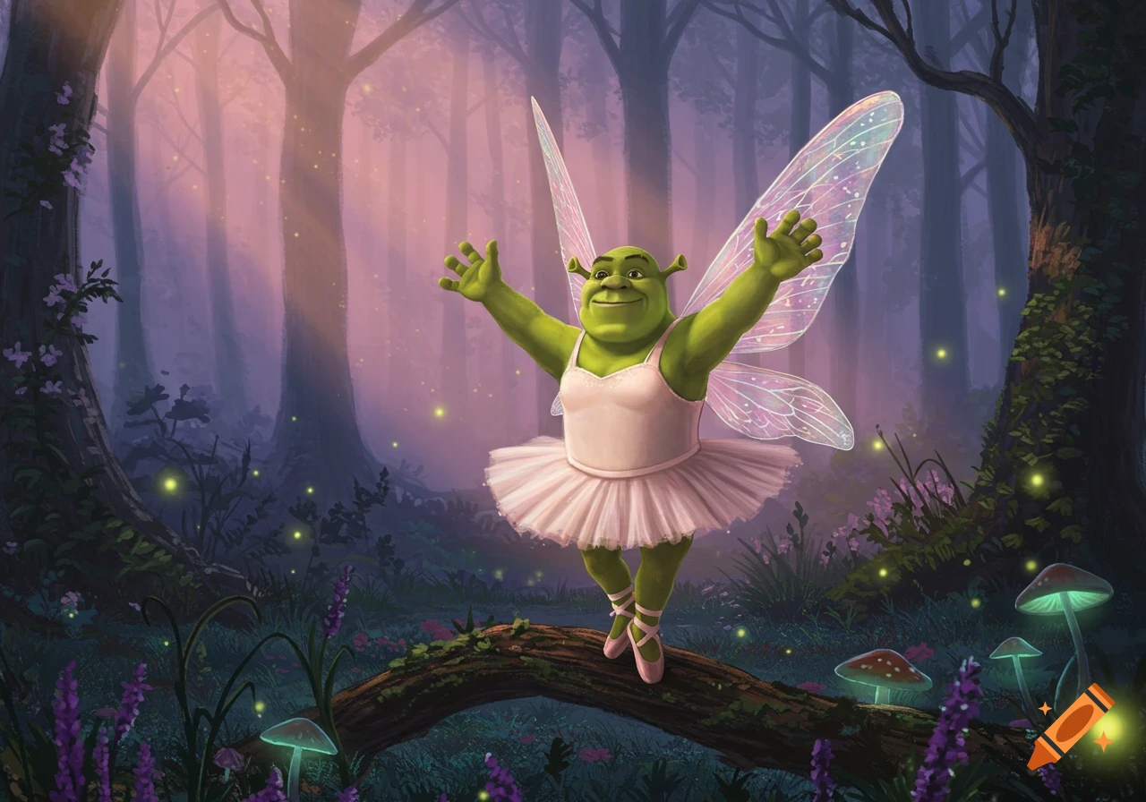 Shrek in a pink ballerina dress and iridescent fairy wings, posing on a log in a whimsical forest with glowing mushrooms and fireflies.