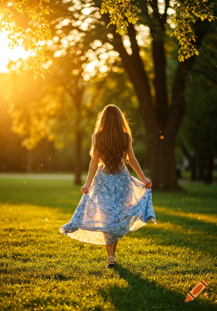 A young woman with long brown hair in a blue summer dress walks away into a sun-drenched park during golden hour.