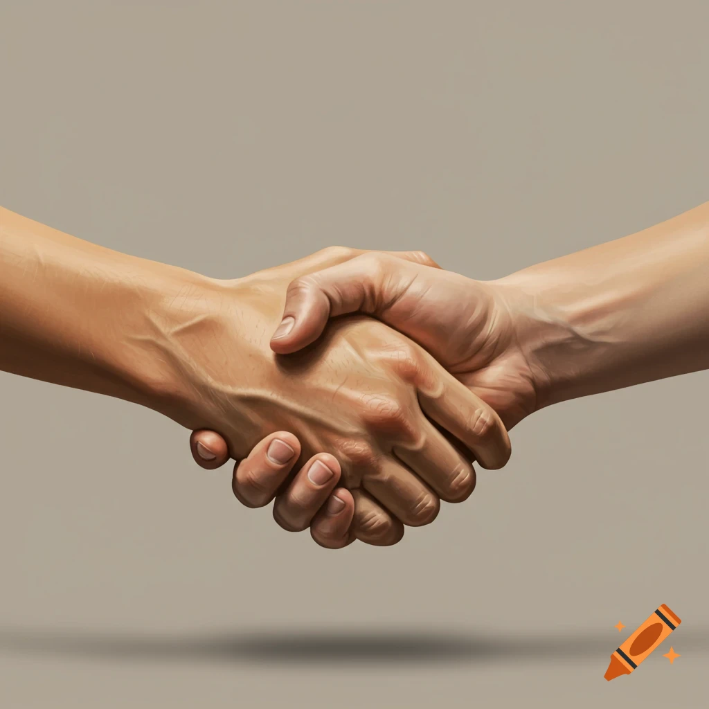Two hands of different skin tones engaged in a handshake against a plain background.