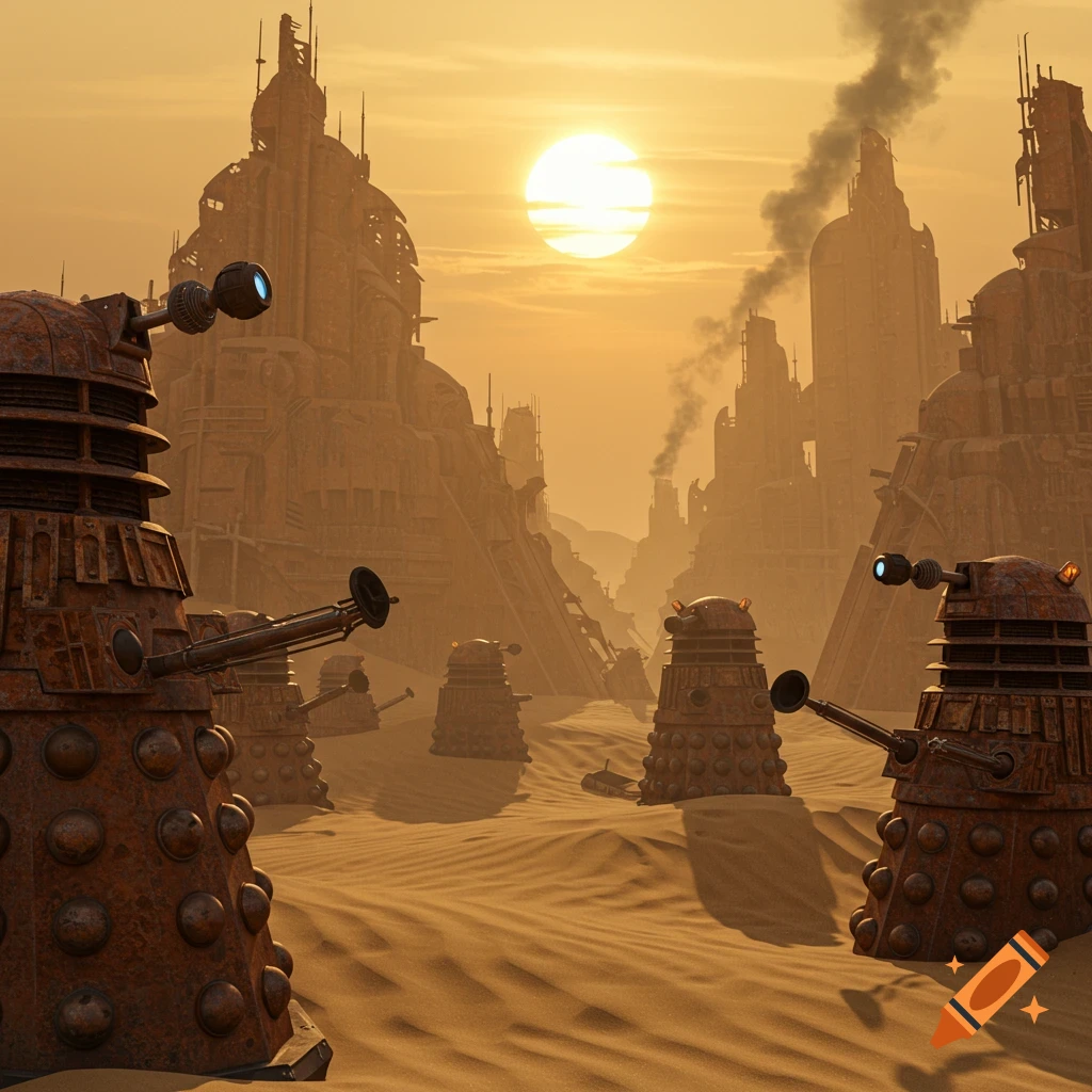 Rusty, decaying Daleks stand in a vast desert with a dilapidated retro-futuristic city under an orange sun.