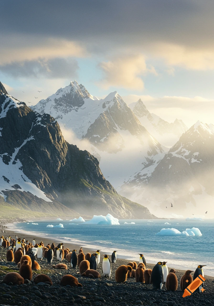 A photorealistic view of a rocky beach filled with penguins and icebergs, with majestic snow-capped mountains in the background under a cloudy sky.