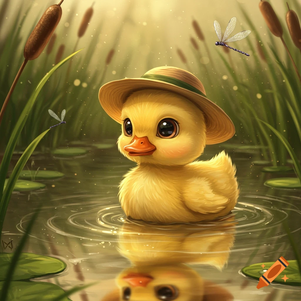 A cute yellow duckling wearing a straw hat floats in a pond surrounded by cat-tails and lily pads, with dragonflies.