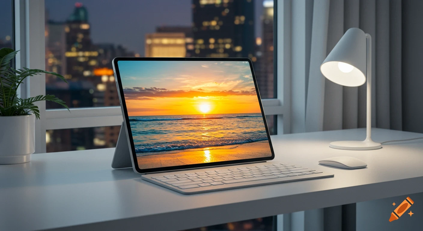 A modern desk setup with a tablet displaying a vibrant sunset over the ocean, a white lamp, keyboard, and mouse.