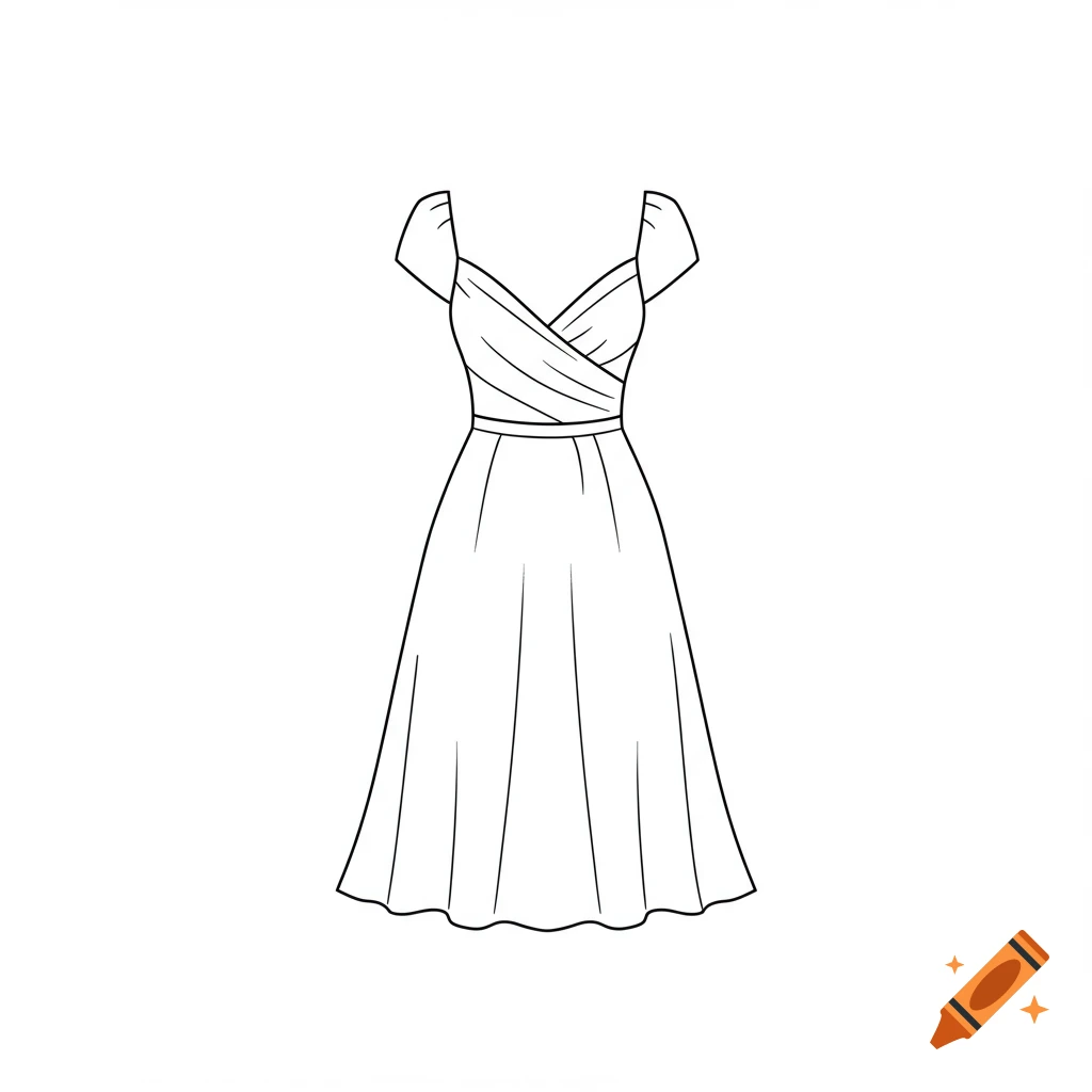 Line art illustration of a white sleeveless dress with a fitted, wrap-style bodice and a flowing, knee-length skirt.