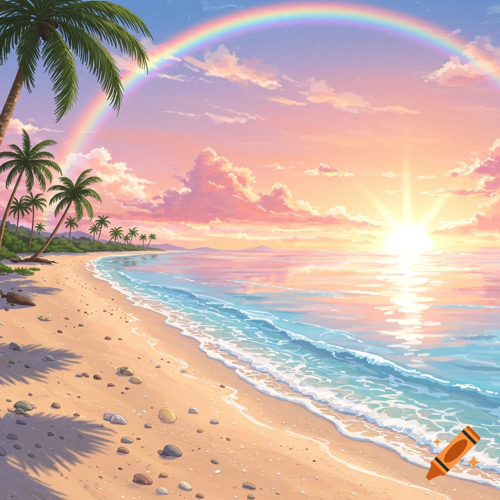 Anime-style tropical beach at sunset with palm trees, a rainbow, and calm ocean waves.