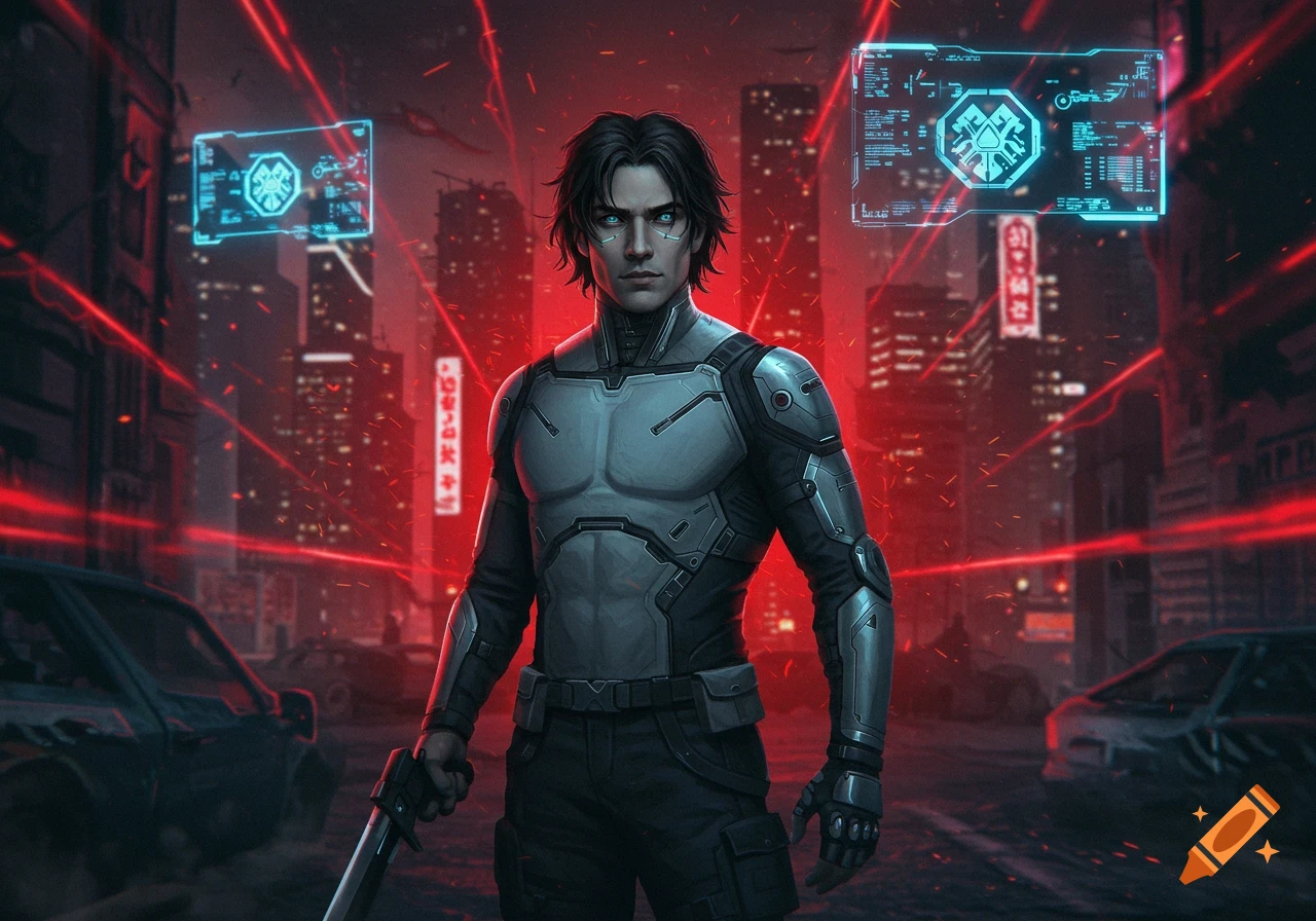 A man with dark hair and glowing blue eyes in a futuristic gray and black armored suit, holding a sword. He stands in a cyberpunk city street with red lasers, neon signs, and holographic displays.