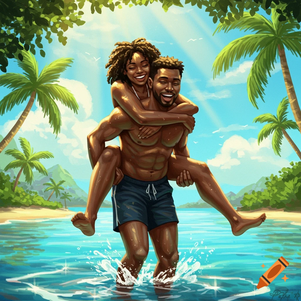 Vibrant illustration of a smiling Black couple on a piggyback ride in clear tropical water under palm trees.