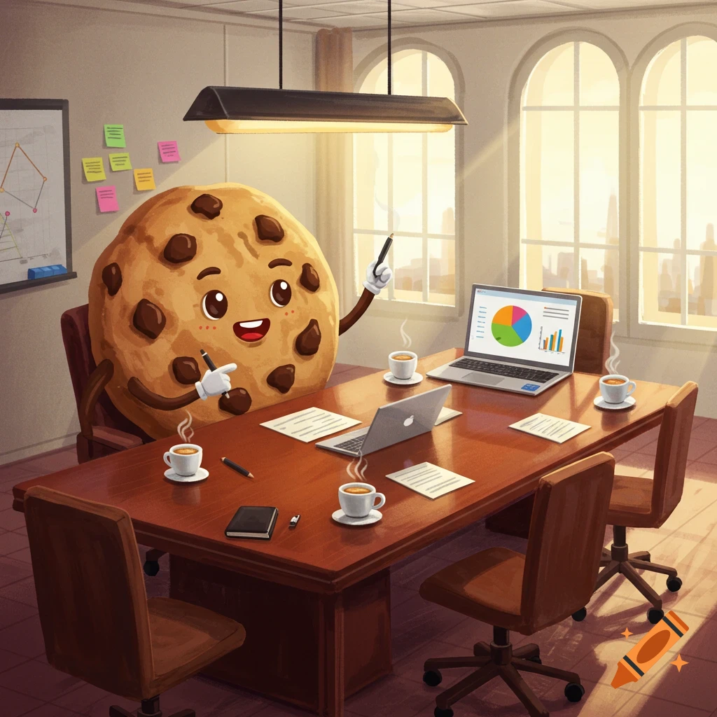 A cheerful cartoon cookie character, holding a pen, leads a business meeting in an office boardroom, with laptops and coffee cups on the table.