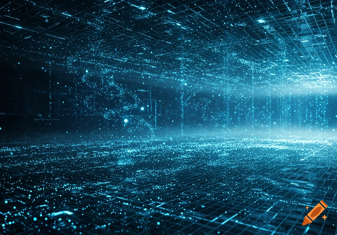 A dark digital landscape with glowing blue data particles forming a grid and flowing across the scene.