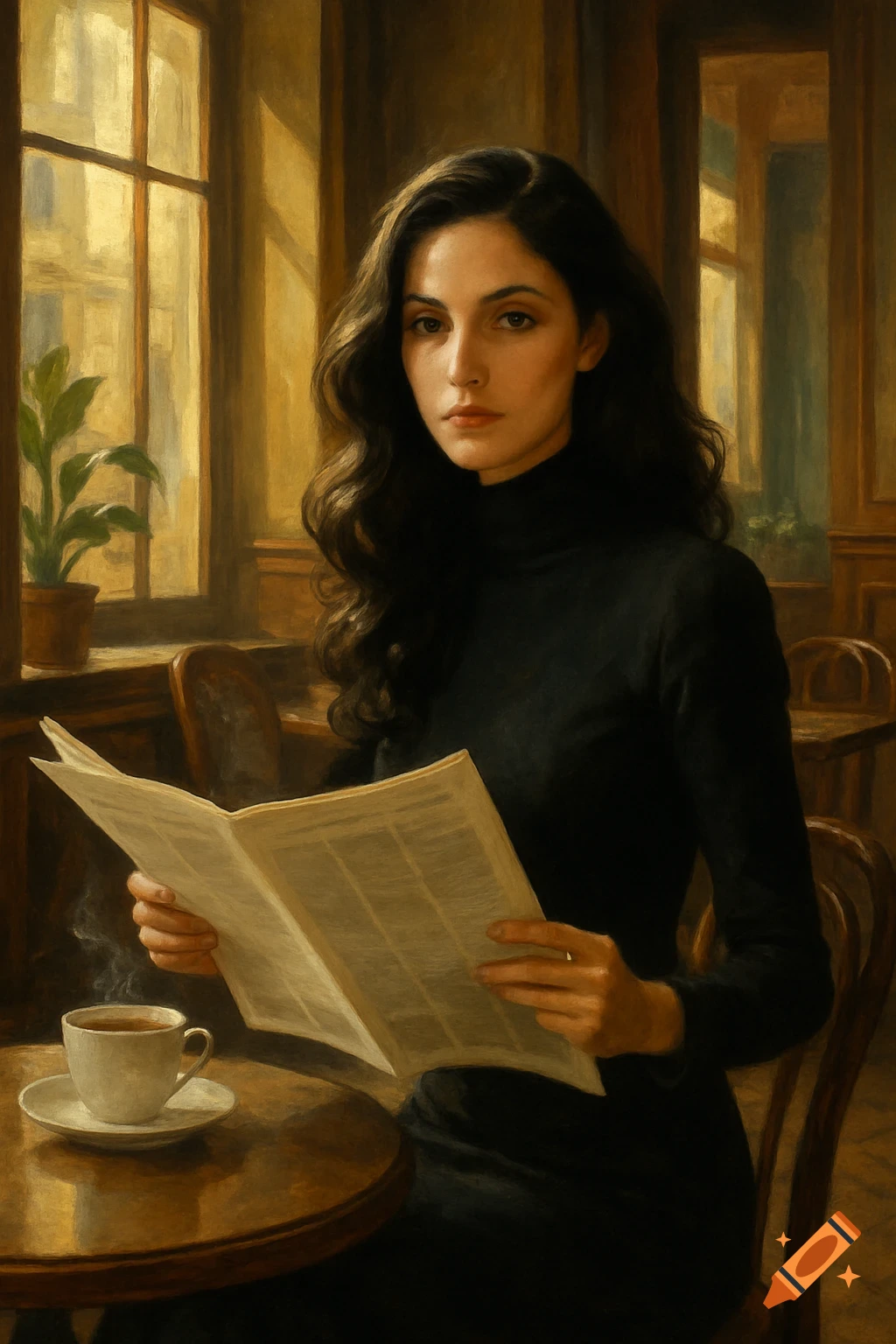 A painting of a woman with long dark hair in a black turtleneck, reading a newspaper at a cafe table with a steaming coffee cup.