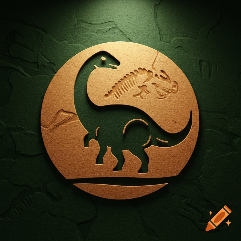 A golden relief of a dinosaur silhouette with a fossilized skeleton carved inside, set on a dark green textured background.